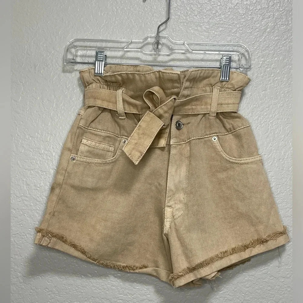 Forever 21 High Waisted Tie in Front Tan Denim Cuffed Shorts Size 25